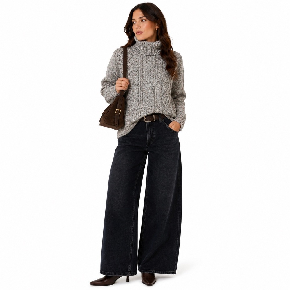 Gray Cable Knit Turtleneck Sweater Fisherman Grandpa Coastal